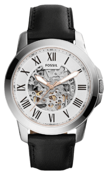 Fossil Grant Automatic Skeleton White Dial Black Leather Strap Watch for Men - ME3101