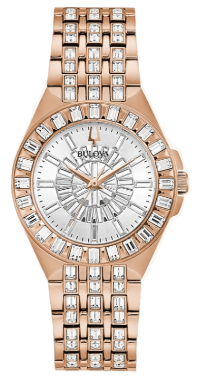 Bulova Phantom White Dial with Swarovski Baguettes Rose Gold Steel Strap Watch for Women - 98L268