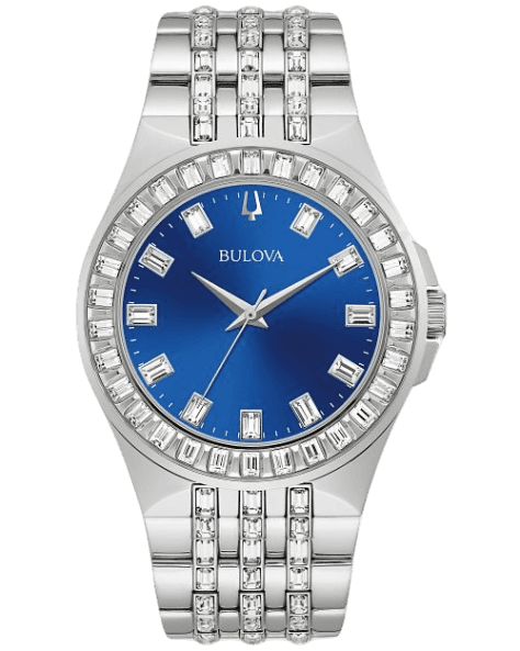 Bulova Phantom Baguette Crystal Blue Dial Silver Steel Strap Watch for Men - 96A254