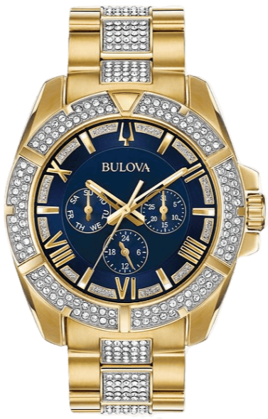 Bulova Crystal Collection Blue Dial Gold Steel Strap Watch for Men - 98C128