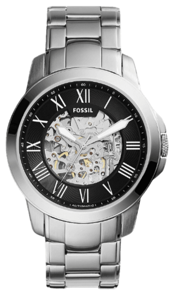 Fossil Grant Automatic Skeleton Black Dial Silver Steel Strap Watch for Men - ME3103