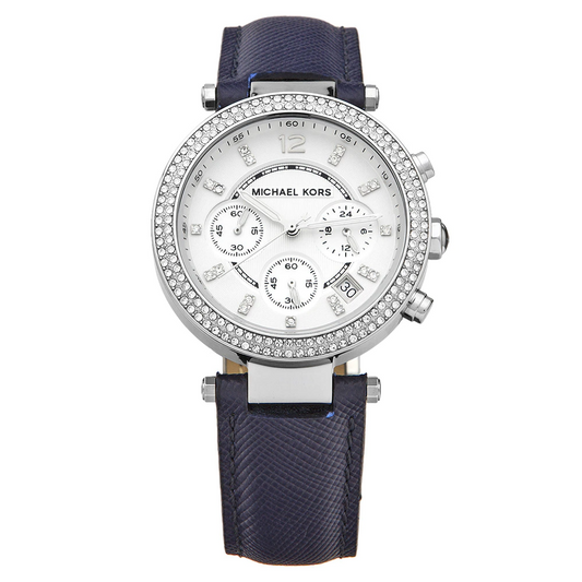 Michael Kors Parker White Dial Navy Blue Leather Strap Watch for Women - MK2293