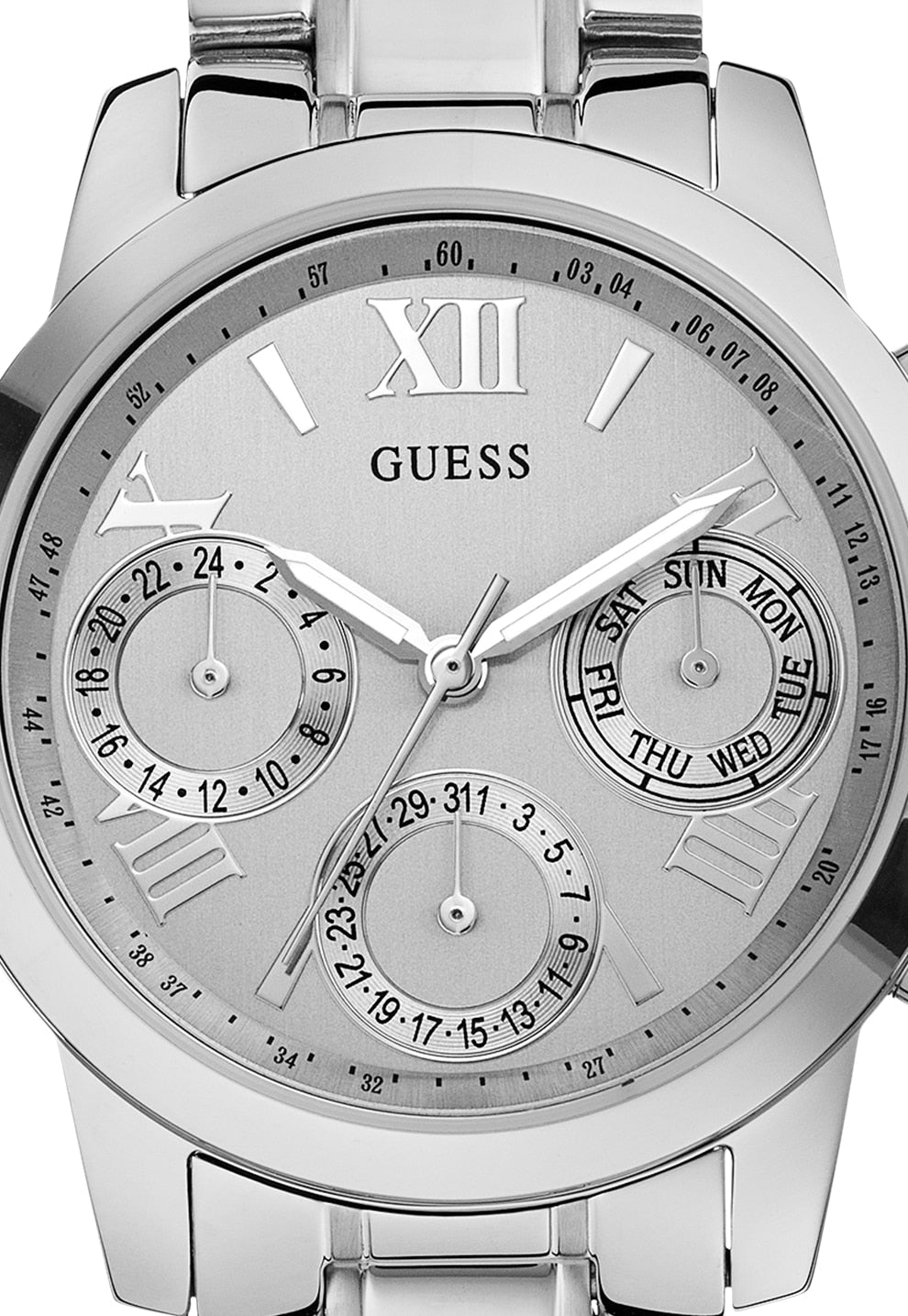 Guess Mini Sunrise Silver Dial Silver Steel Strap Watch For Women - W0448L1