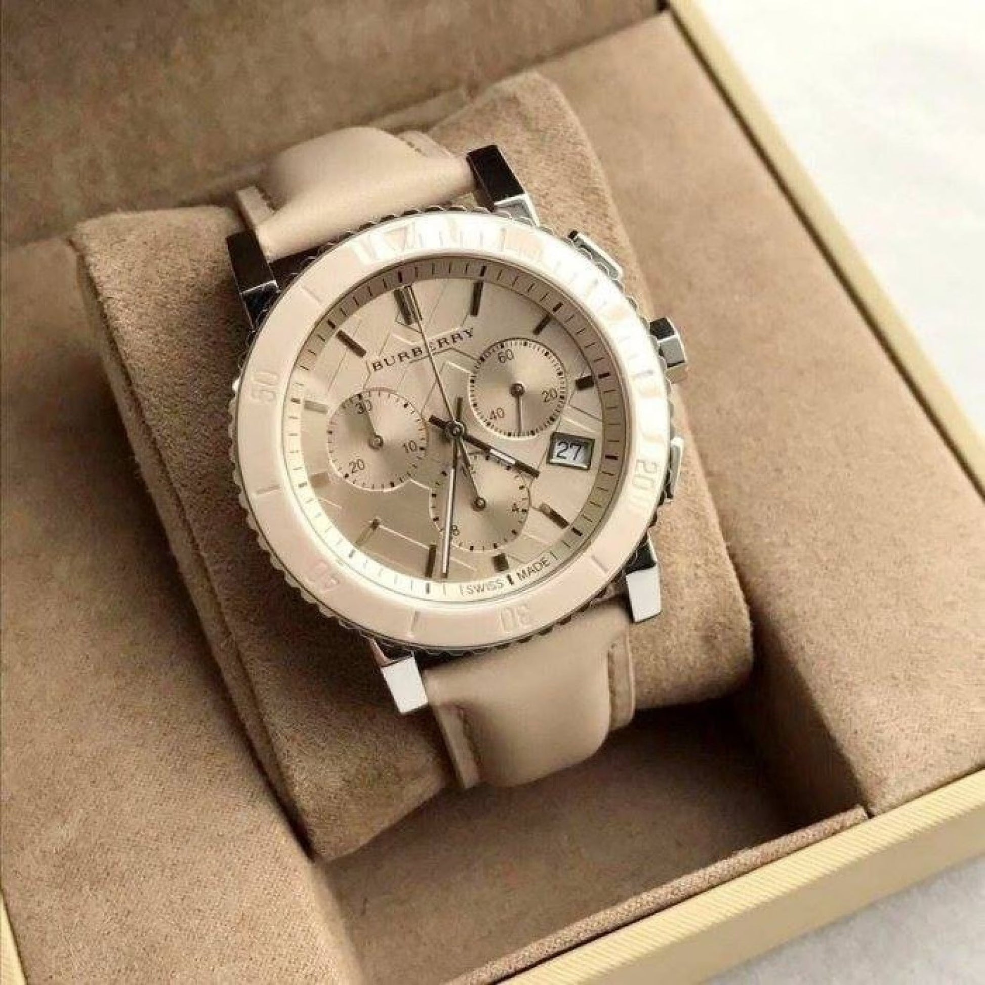 Burberry City Chronograph White Dial White Leather Strap Watch For Women - BU9701