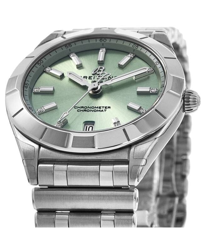 Breitling Chronomat 32 Diamonds Green Dial Silver Steel Strap Watch for Women - A77310101L1A1