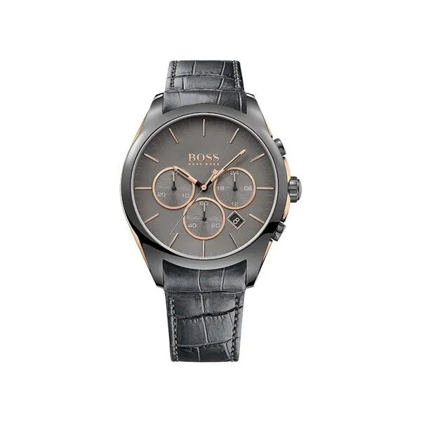 Hugo Boss Onyx Chronograph Grey Dial Black Leather Strap Watch For Men - HB1513366