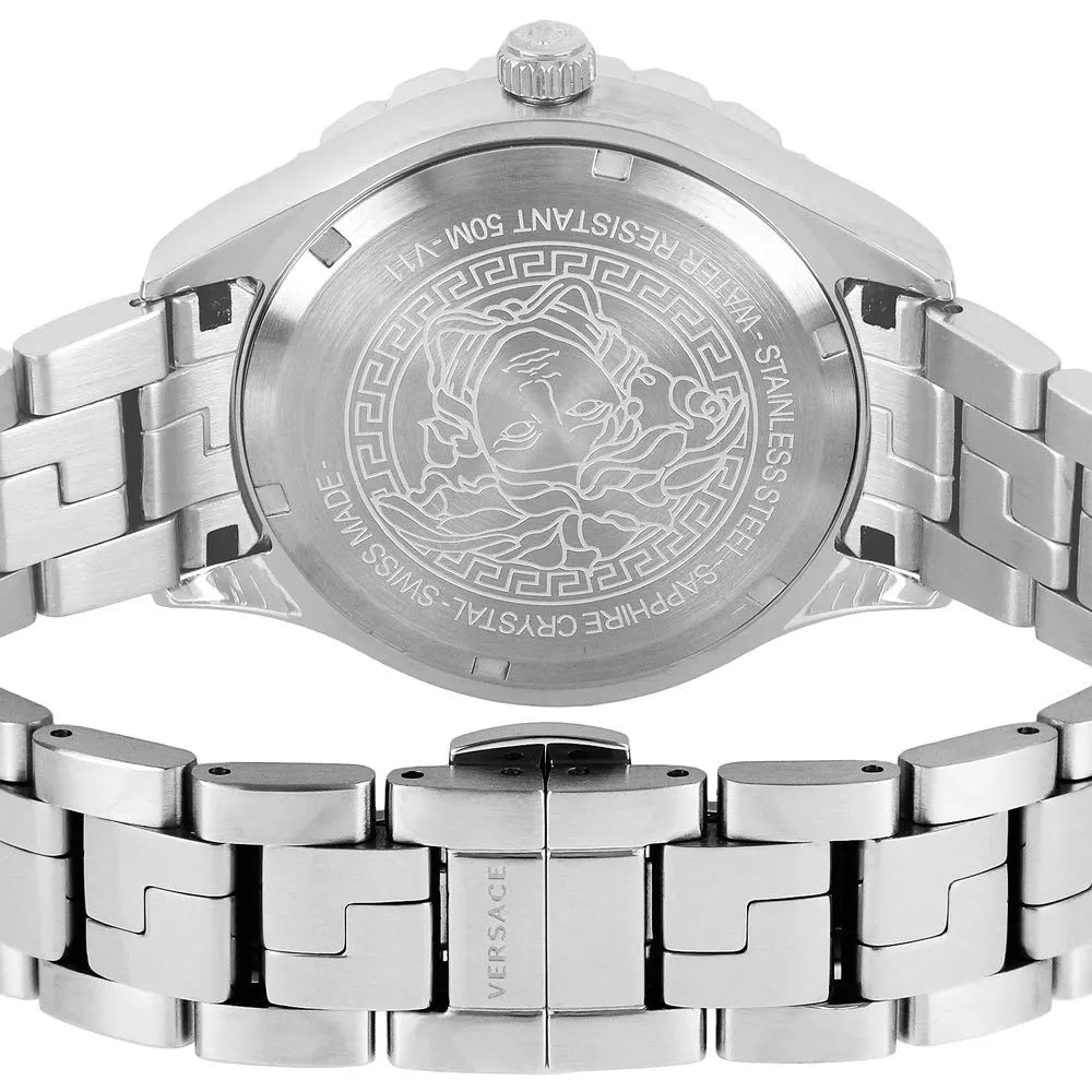 Versace Hellenyium GMT Black Dial Silver Steel Strap Watch for Men - V11020015