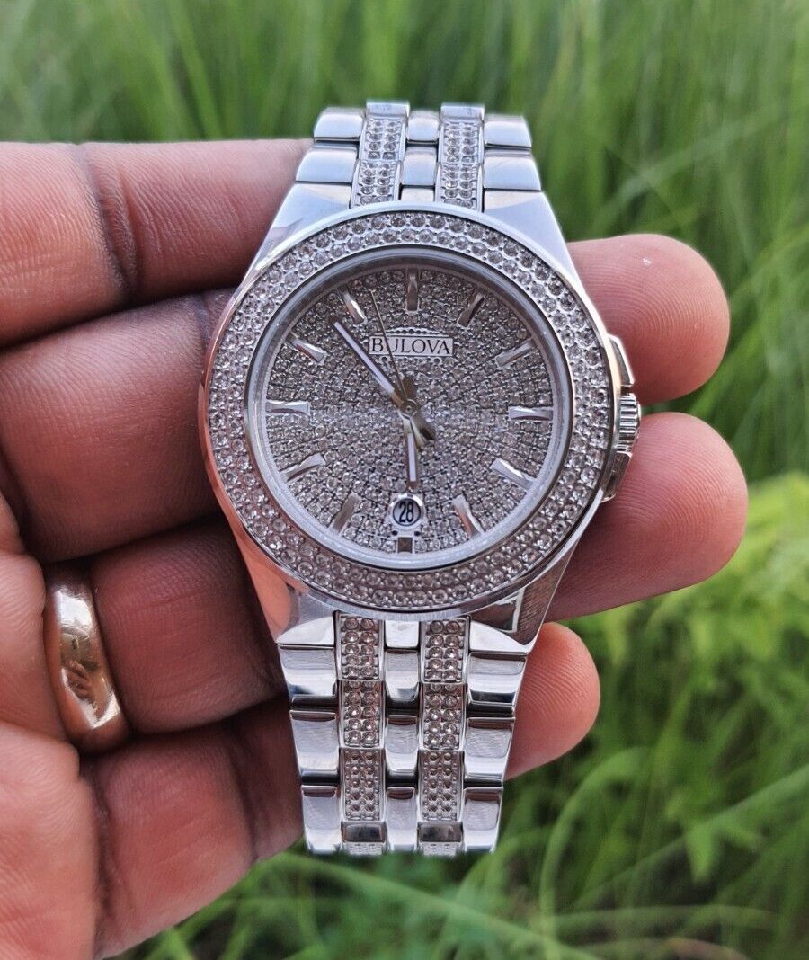 Bulova Crystal Pave Silver Dial Silver Steel Strap Watch for Men - 96B235