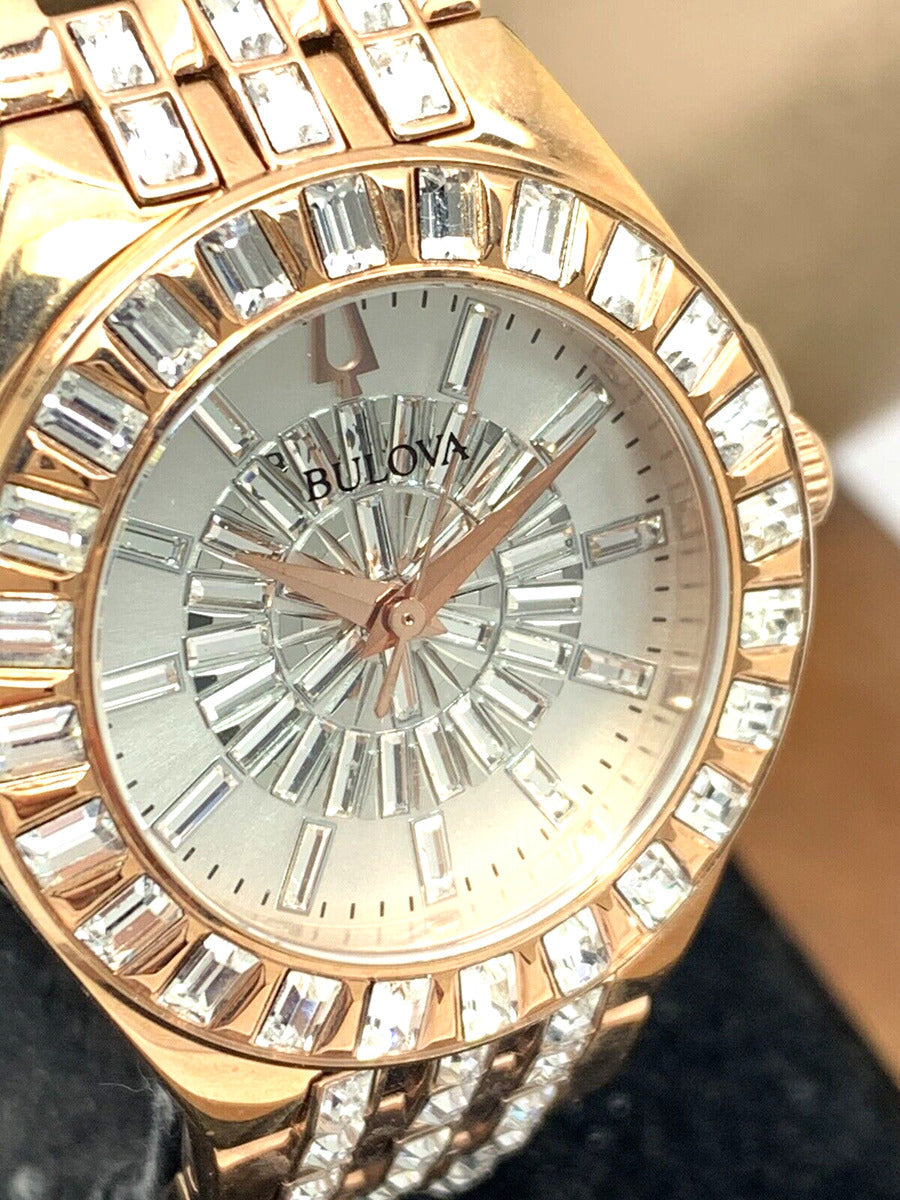 Bulova Phantom White Dial with Swarovski Baguettes Rose Gold Steel Strap Watch for Women - 98L268