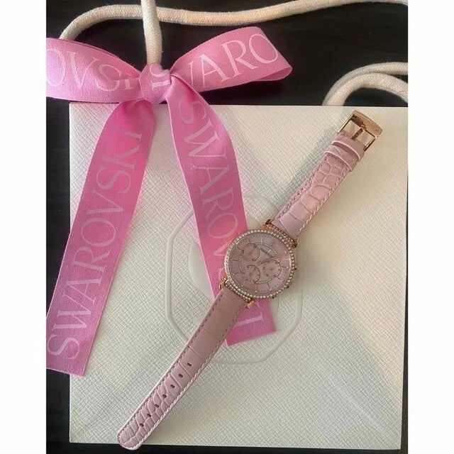 Swarovski Passage Chrono Pink Dial Pink Leather Strap Watch for Women - 5580352