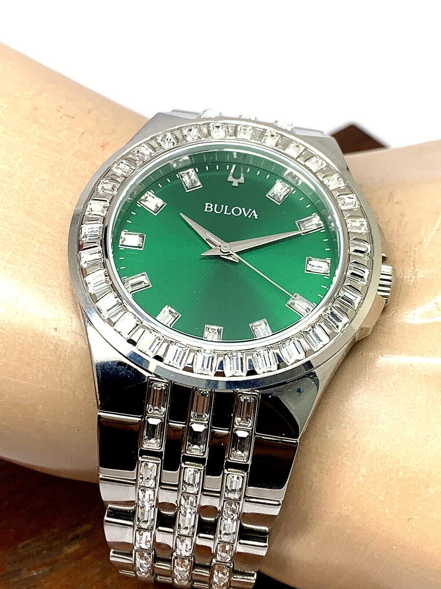 Bulova Phantom Classic Baguette Green Dial Silver Steel Strap Watch for Men - 96A253