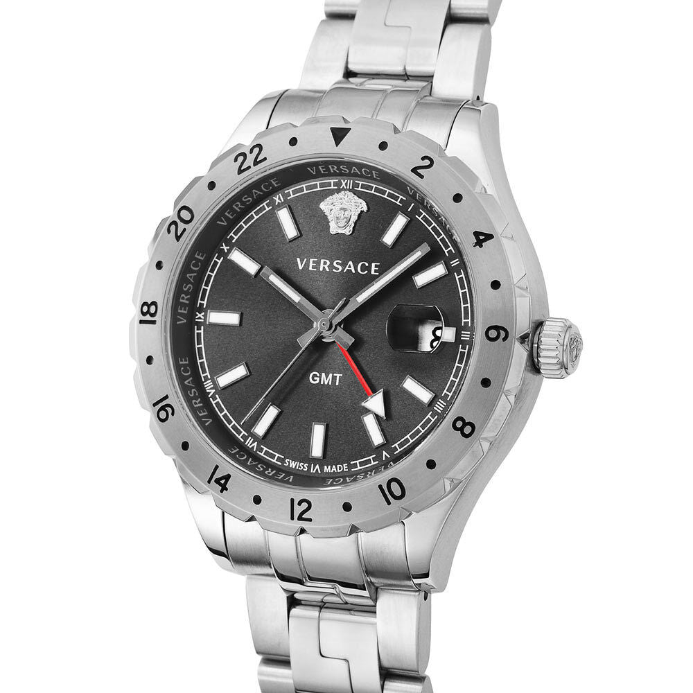 Versace Hellenyium GMT Black Dial Silver Steel Strap Watch for Men - V11020015