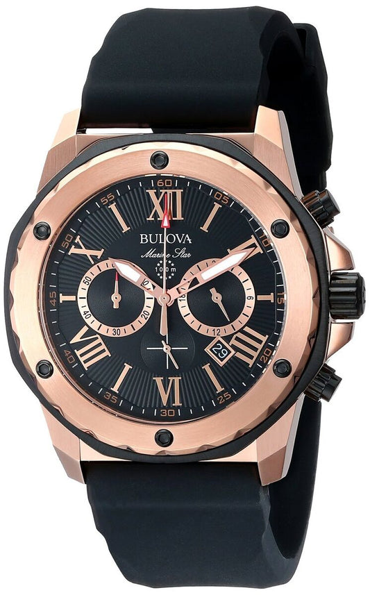 Bulova Marine Star Chronograph Black Dial Black Leather Strap Watch for Men - 98B104