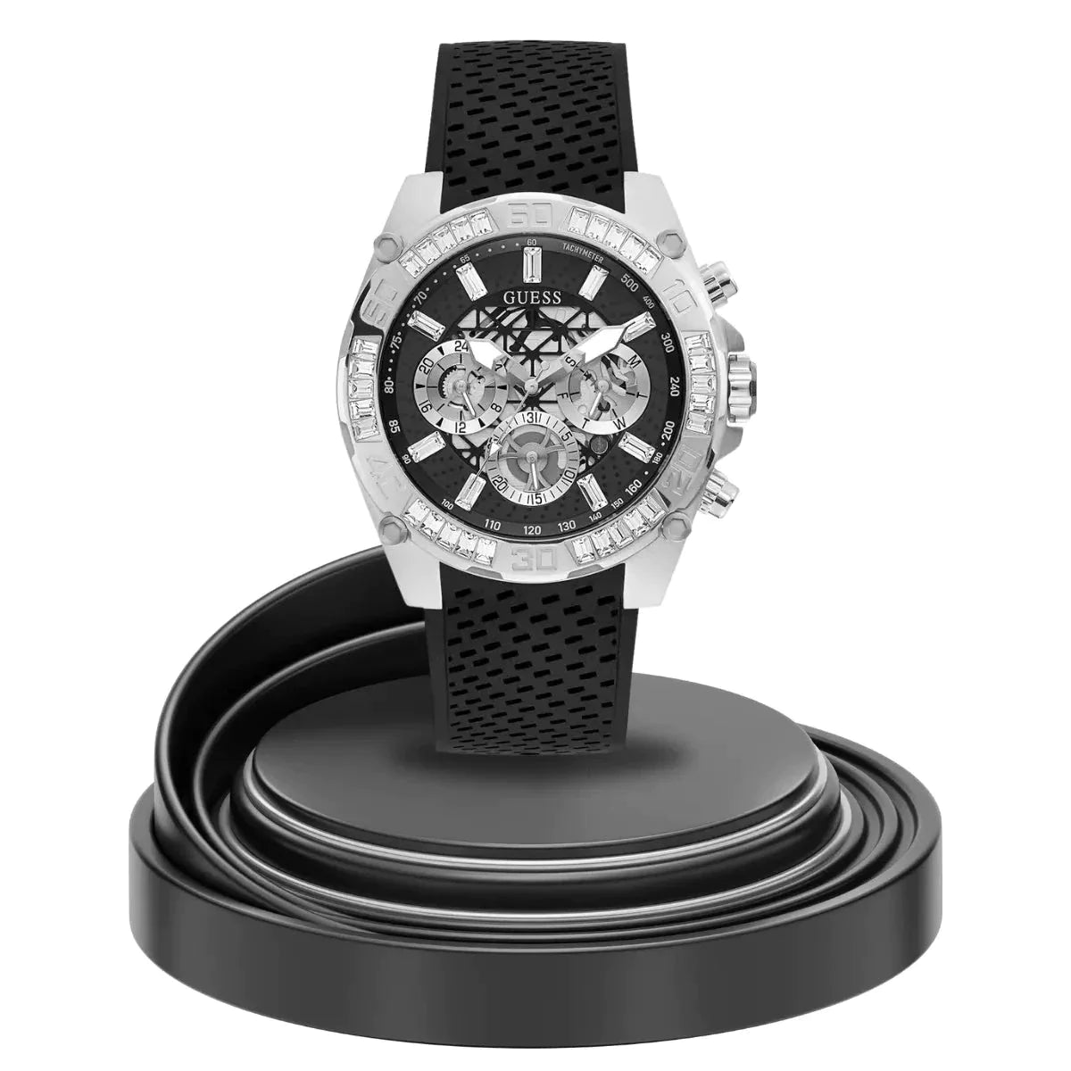 Guess Trophy Multifunction Black Dial Black Rubber Strap Watch for Men - GW0333G1