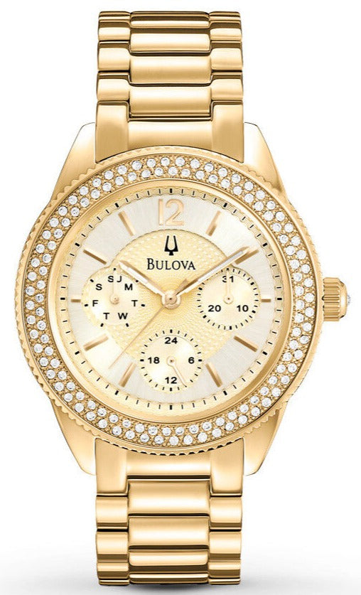 Bulova Multi Function Gold Dial Gold Steel Strap Watch for Women - 97N102