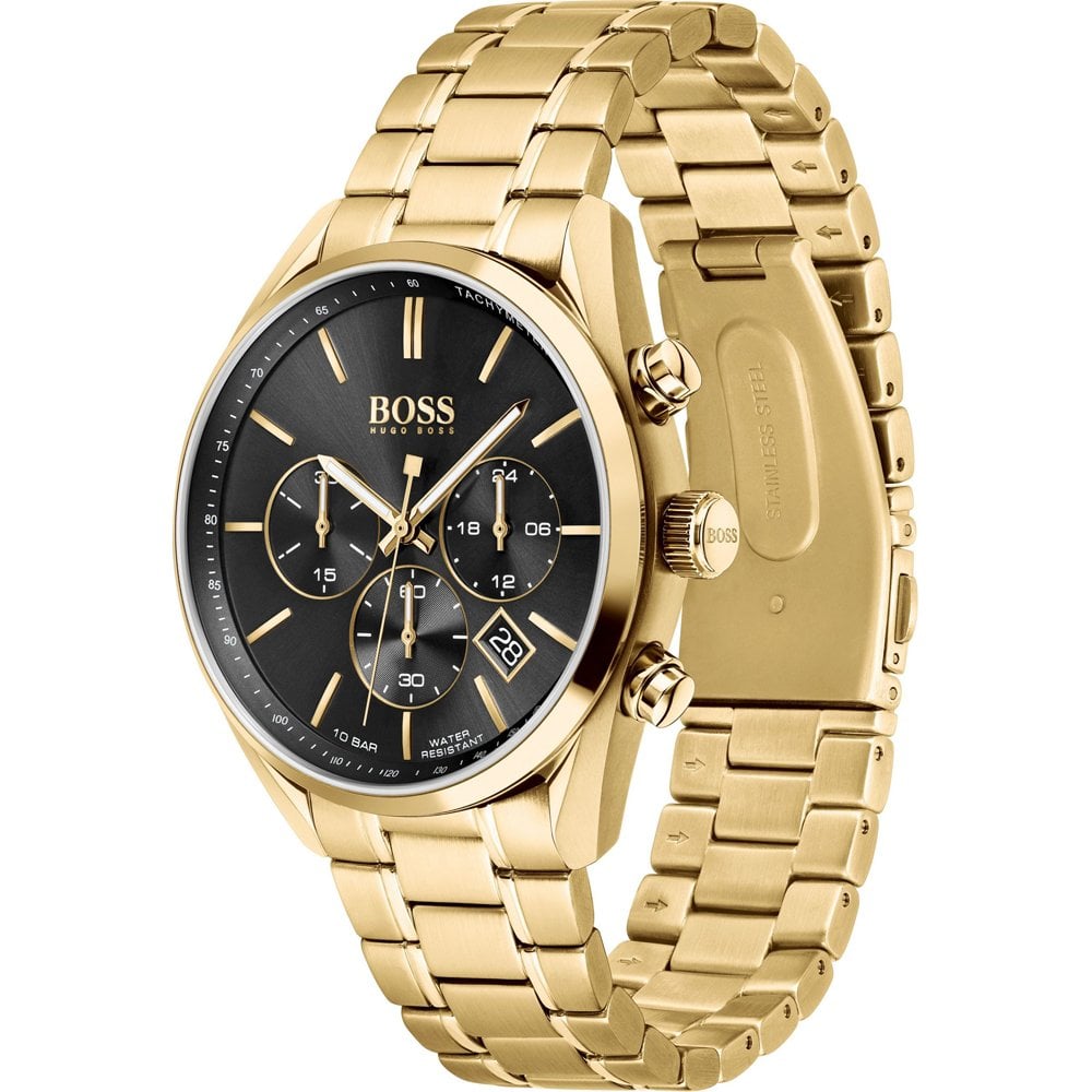 Hugo Boss Champion Chronograph Black Dial Gold Steel Strap Watch for Men - 1513848