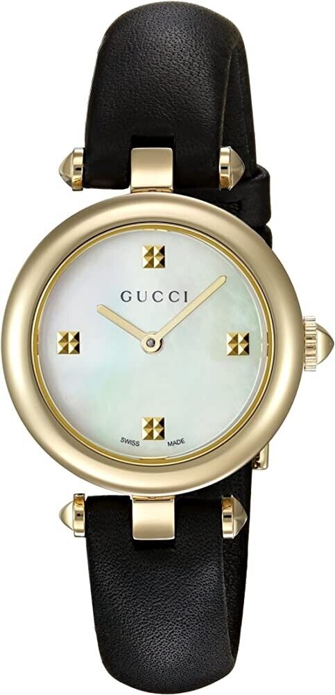 Gucci Diamantissima Mother of Pearl Dial Black Leather Strap Watch For Women - YA141505