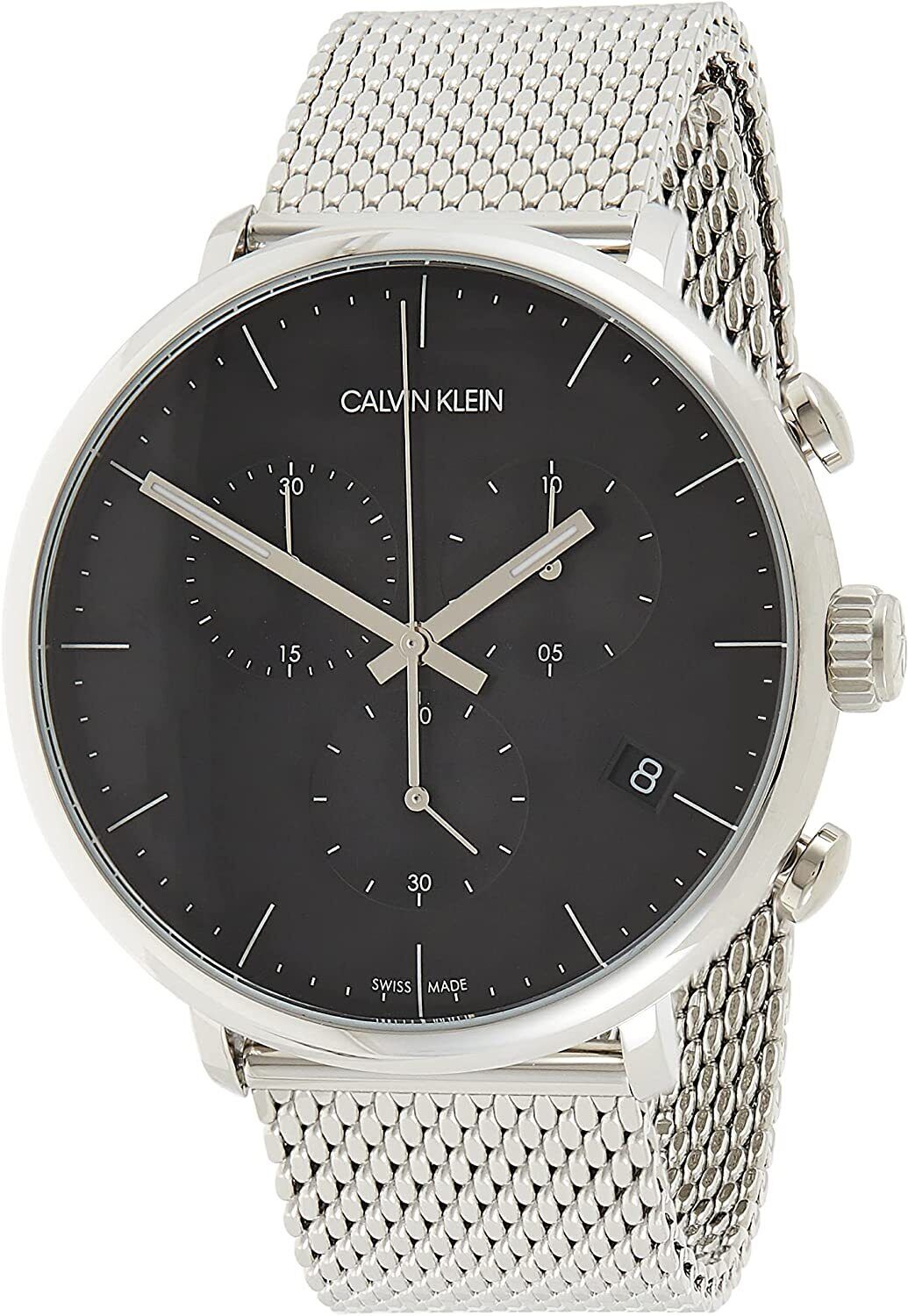 Calvin Klein High Noon Chronograph Black Dial Silver Mesh Bracelet Watch for Men - K8M27121