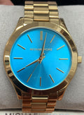 Michael Kors Slim Runway Blue Dial Gold Steel Strap Watch for Women - MK3265