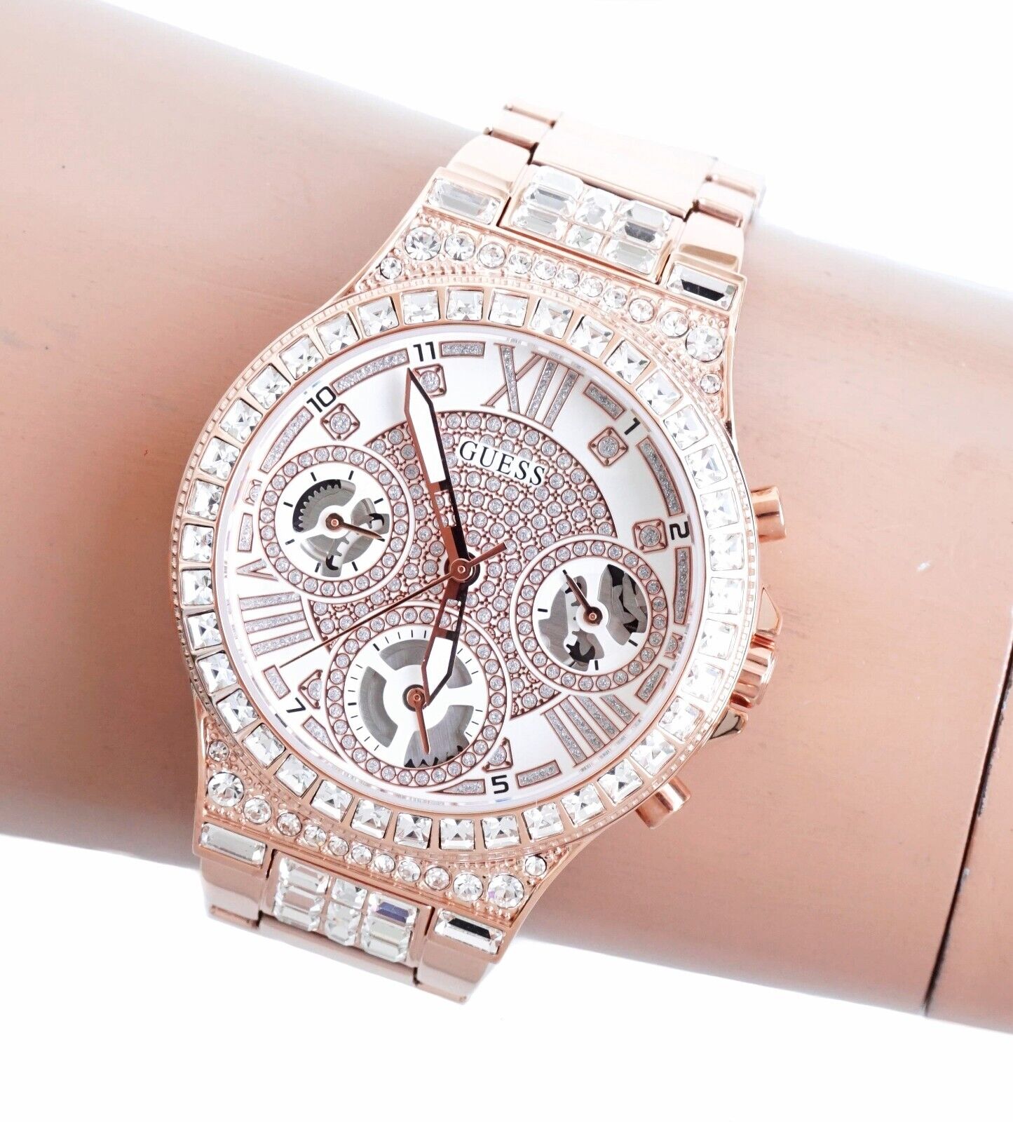 Guess Moonlight Multi Function Diamonds White Dial Rose Gold Steel Strap Watch for Women - GW0320L3