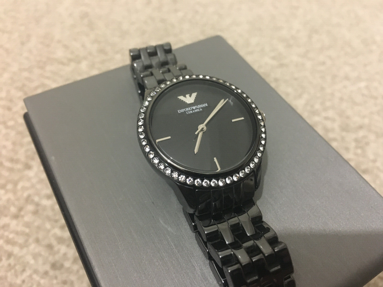 Emporio Armani Ceramica Black Dial with Crystals Black Ceramic Strap Watch For Women - AR1478