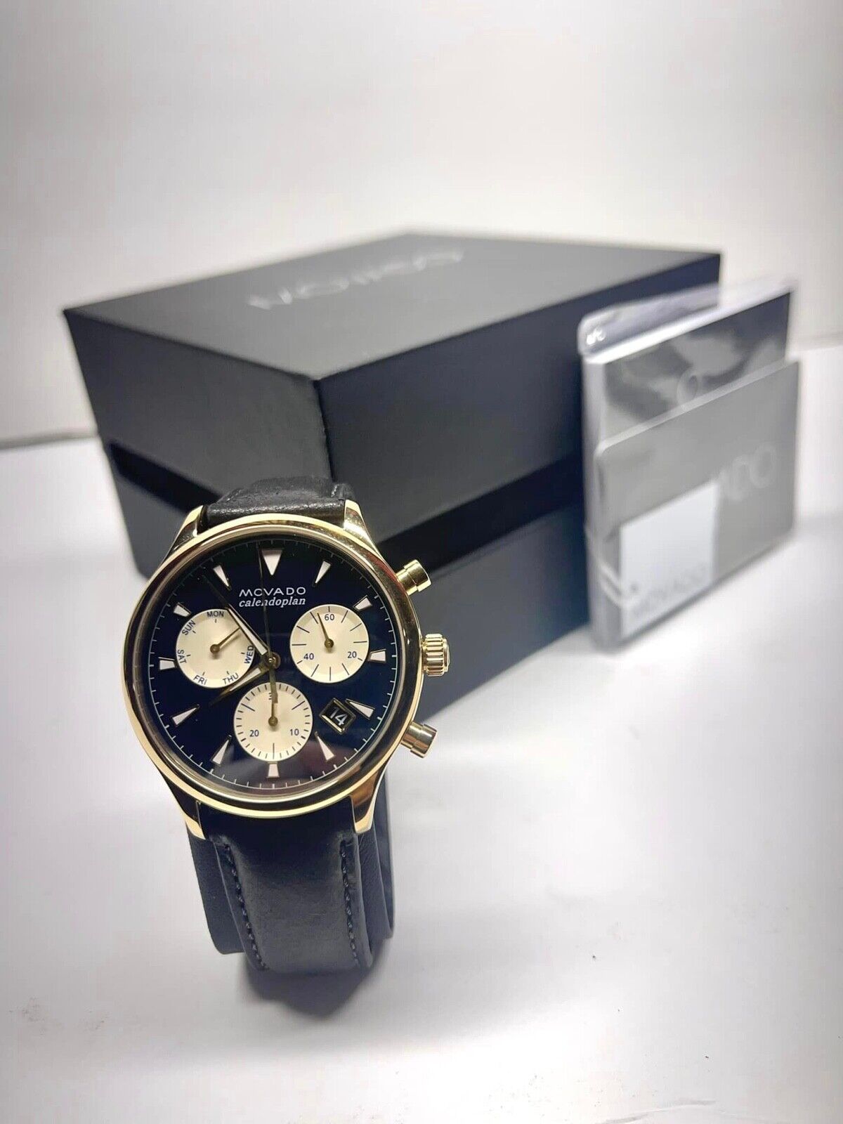 Movado Heritage Chronograph Black Dial Black Leather Strap Watch for Men - 3650005