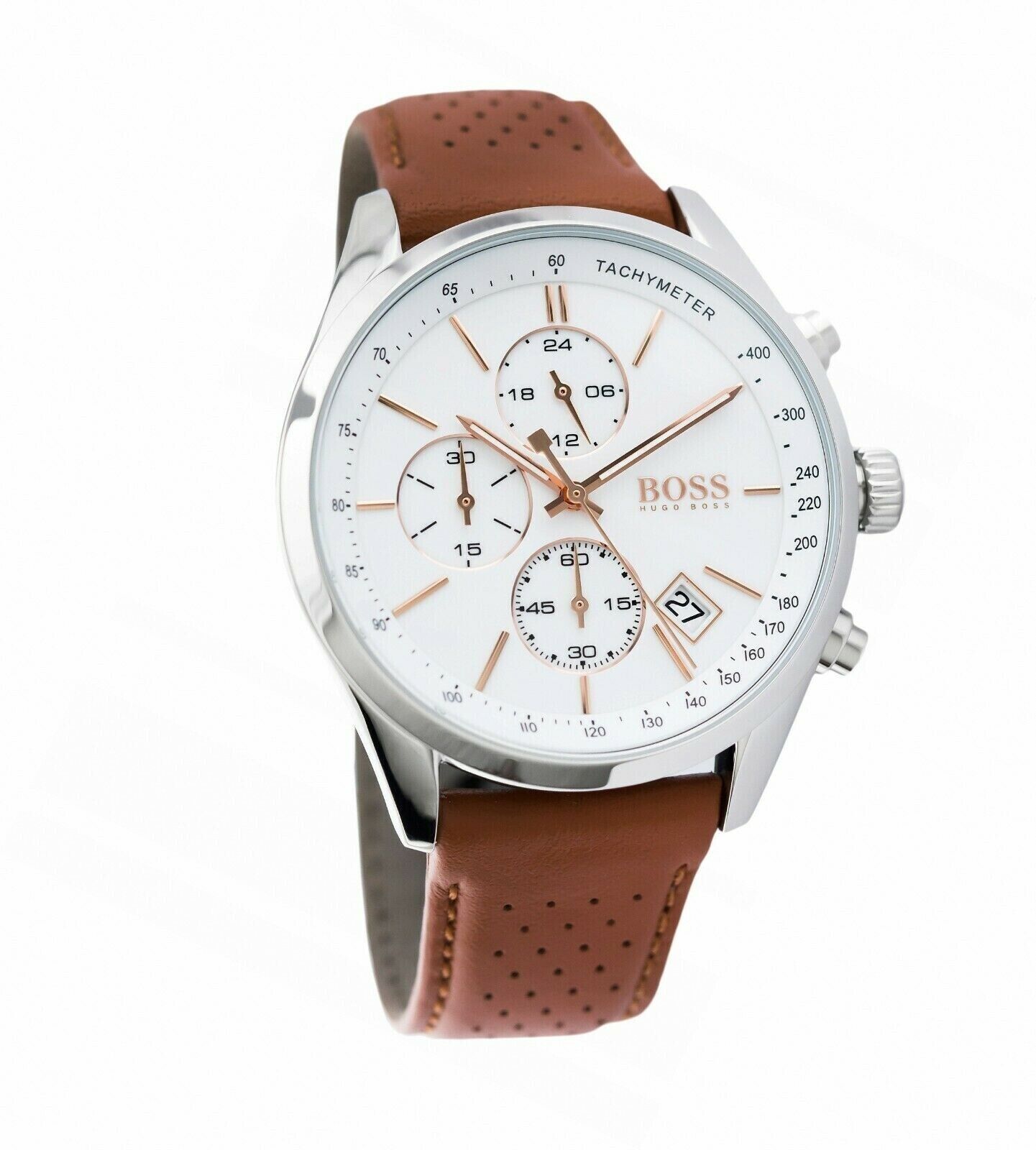 Hugo Boss Grand Prix White Dial Brown Leather Strap Watch for Men - 1513475