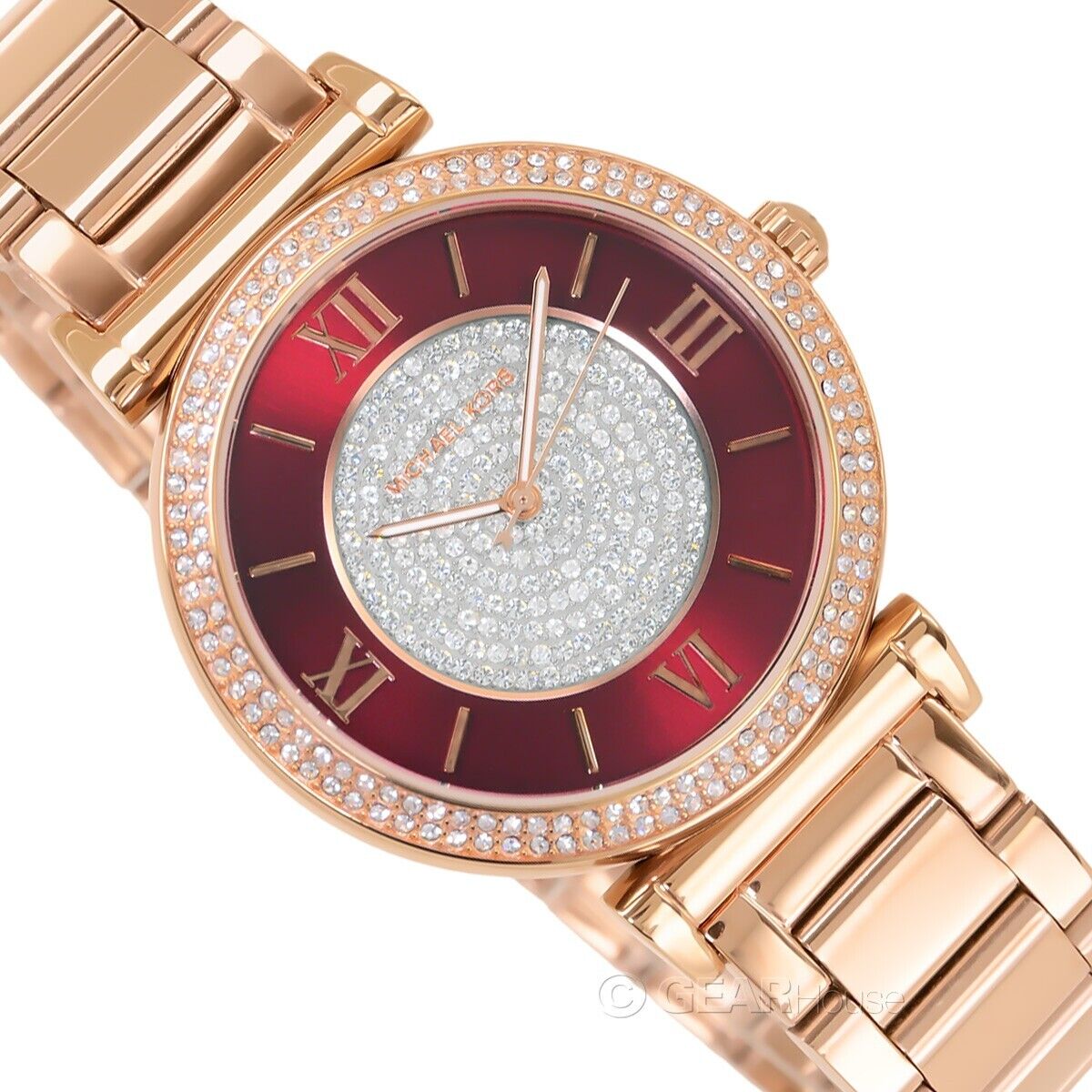 Michael Kors Caitlin Red Dial Rose Gold Stainless Steel Strap Watch for Women - MK3377