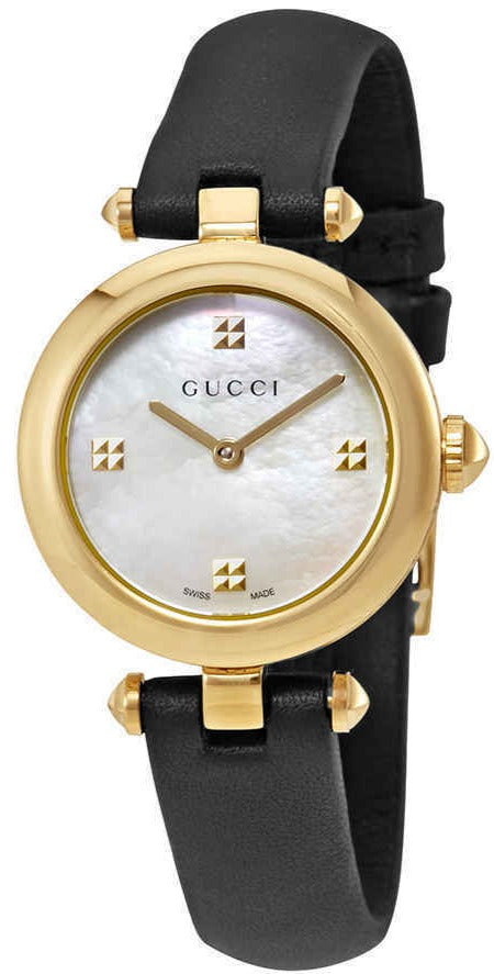 Gucci Diamantissima Mother of Pearl Dial Black Leather Strap Watch For Women - YA141505