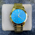 Michael Kors Slim Runway Blue Dial Gold Steel Strap Watch for Women - MK3265