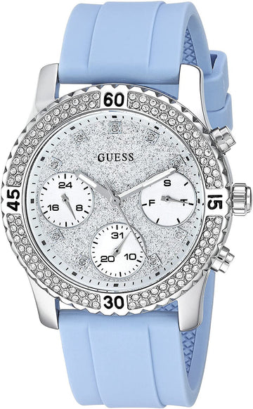 Guess Confetti Crystal  Silver Dial Turquoise Rubber Brand Watch For Women - W1098L3