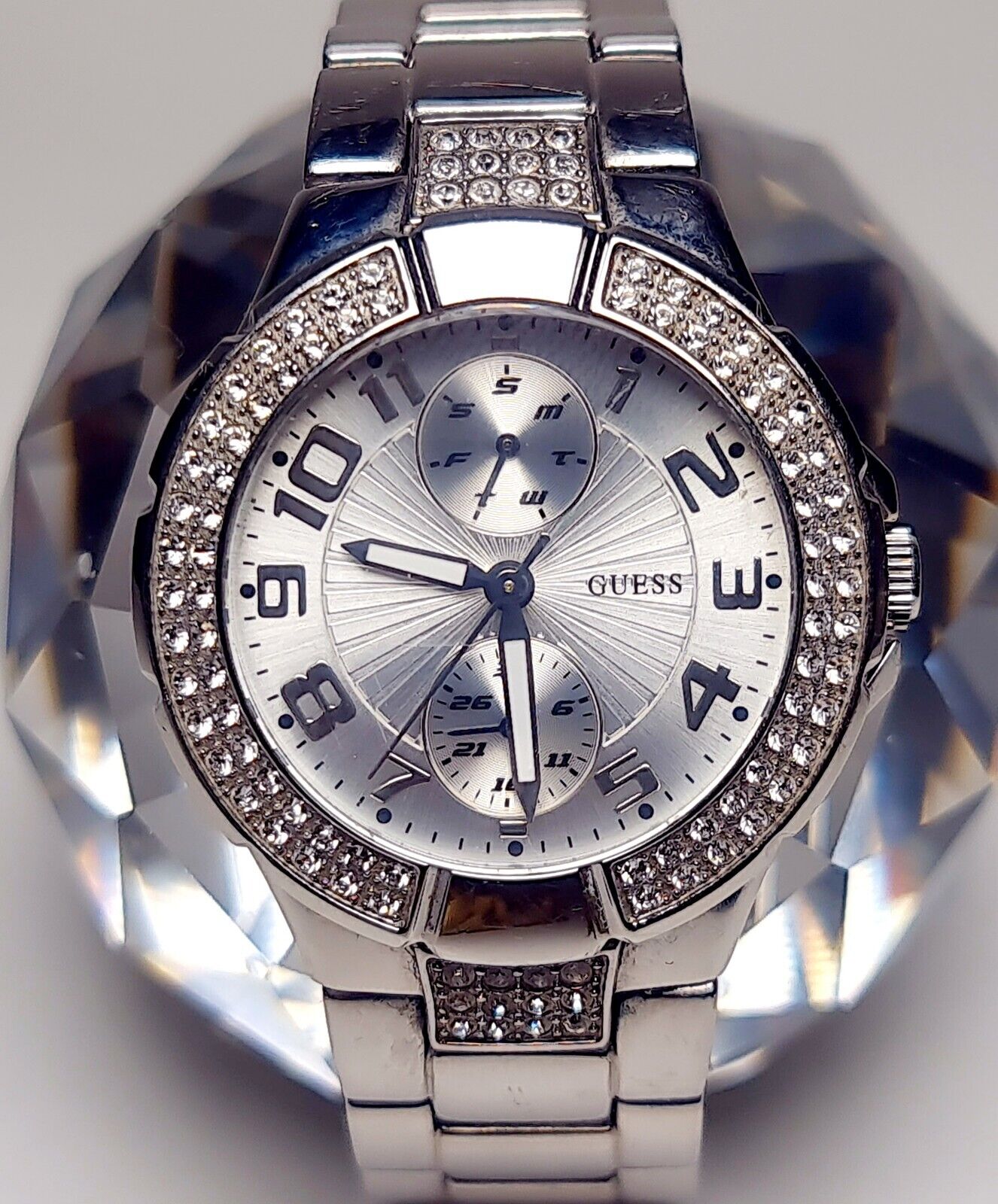 Guess Mini Prism Diamonds Silver Dial Silver Steel Strap Watch for Women - W12638L1