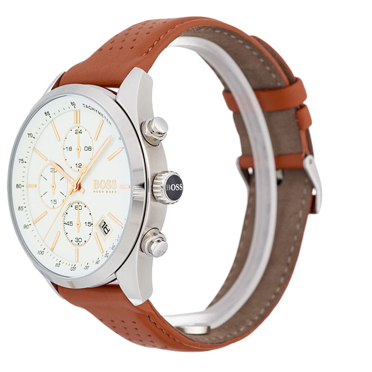 Hugo Boss Grand Prix White Dial Brown Leather Strap Watch for Men - 1513475