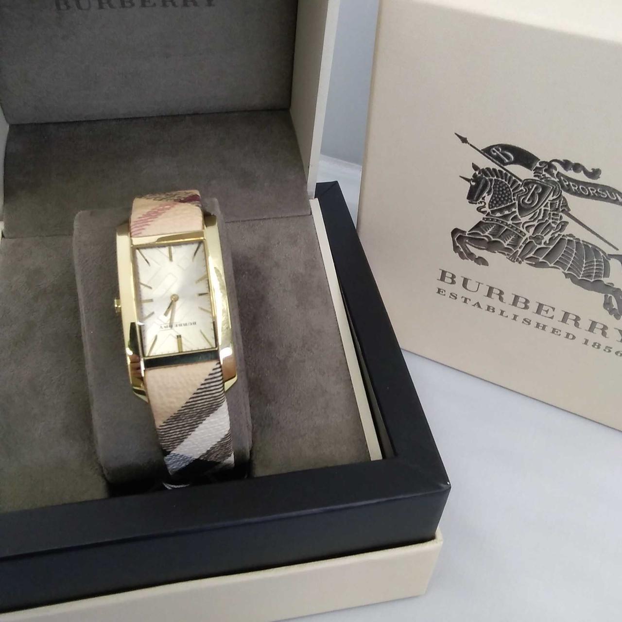 Burberry Pioneer Gold Dial Haymarket Beige Leather Strap Watch for Women - BU9407