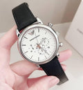 Emporio Armani Classic Quartz Chronograph White Dial Black Leather Strap Watch For Men - AR1807