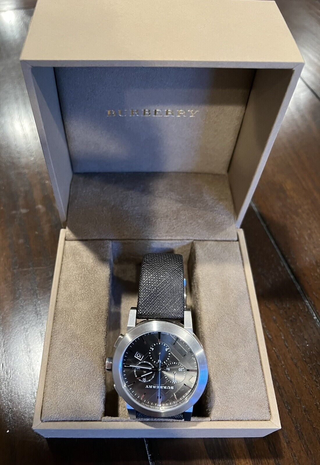 Burberry The City Grey Dial Black Leather Strap Watch for Men - BU9359