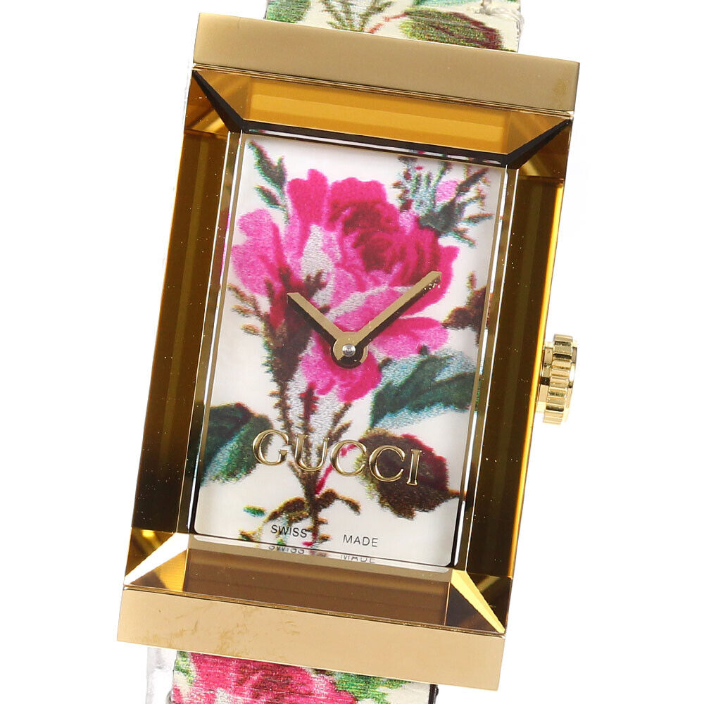 Gucci G-Frame Floral Ivory Dial White Leather Strap Watch For Women - YA147406