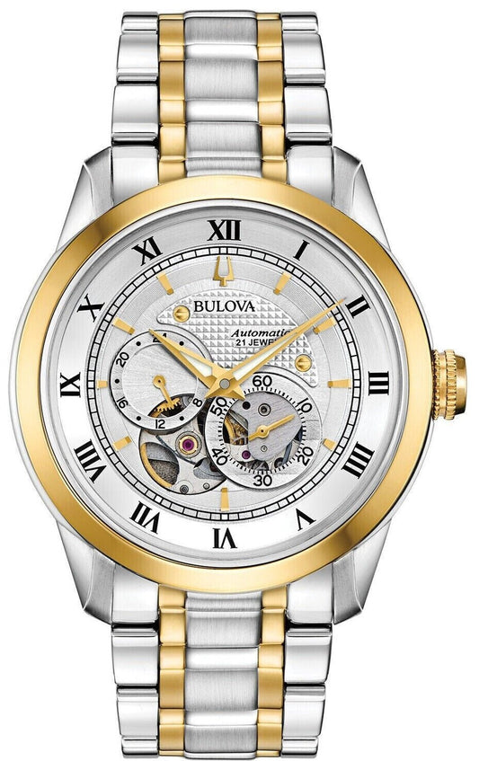 Bulova BVA Skeleton Silver Dial Two Tone Steel Strap Watch for Men - 98A230