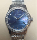 Gucci G Timeless Diamonds Mother of Pearl Black Dial Silver Mesh Bracelet Watch For Women - YA126507