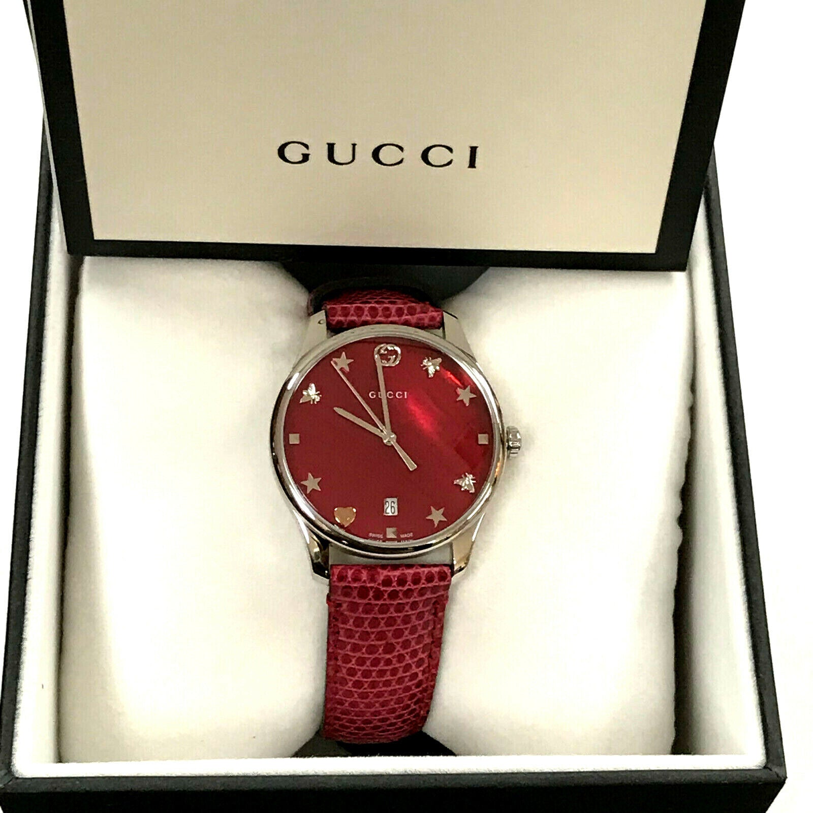 Gucci G-Timeless Quartz Mother of Pearl Red Dial Red Leather Strap Watch For Women - YA1264041