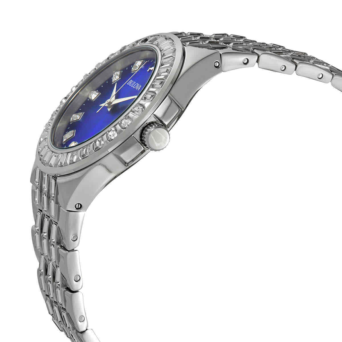 Bulova Phantom Baguette Crystal Blue Dial Silver Steel Strap Watch for Men - 96A254