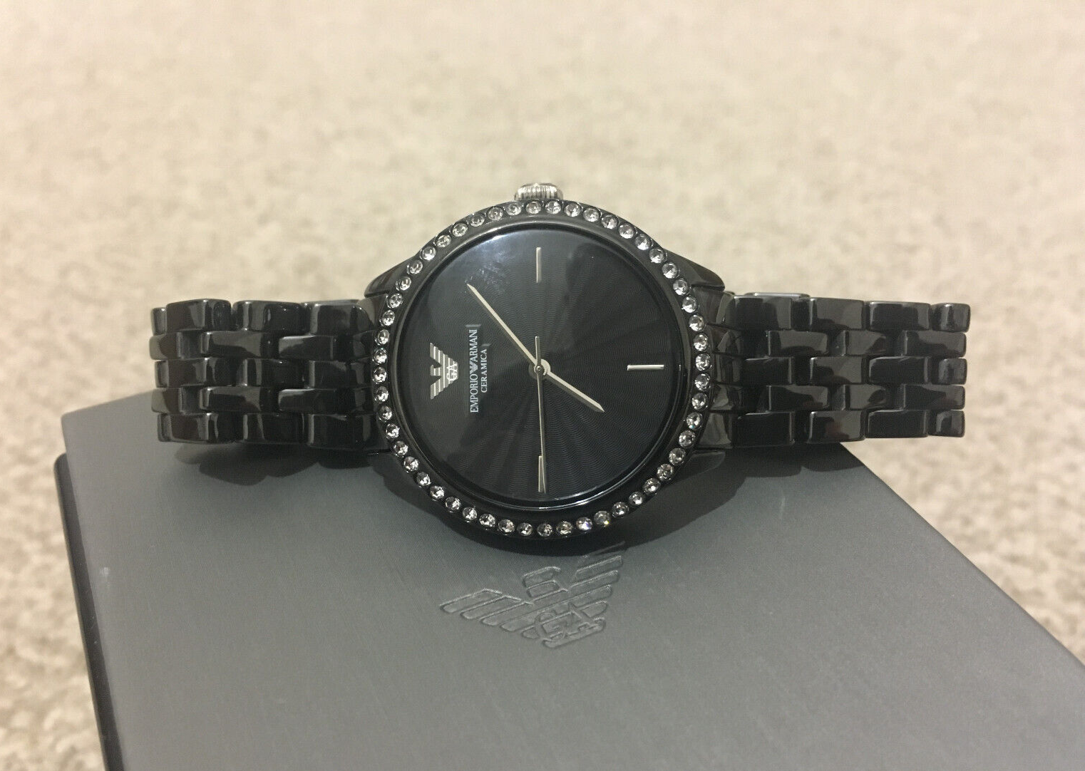 Emporio Armani Ceramica Black Dial with Crystals Black Ceramic Strap Watch For Women - AR1478