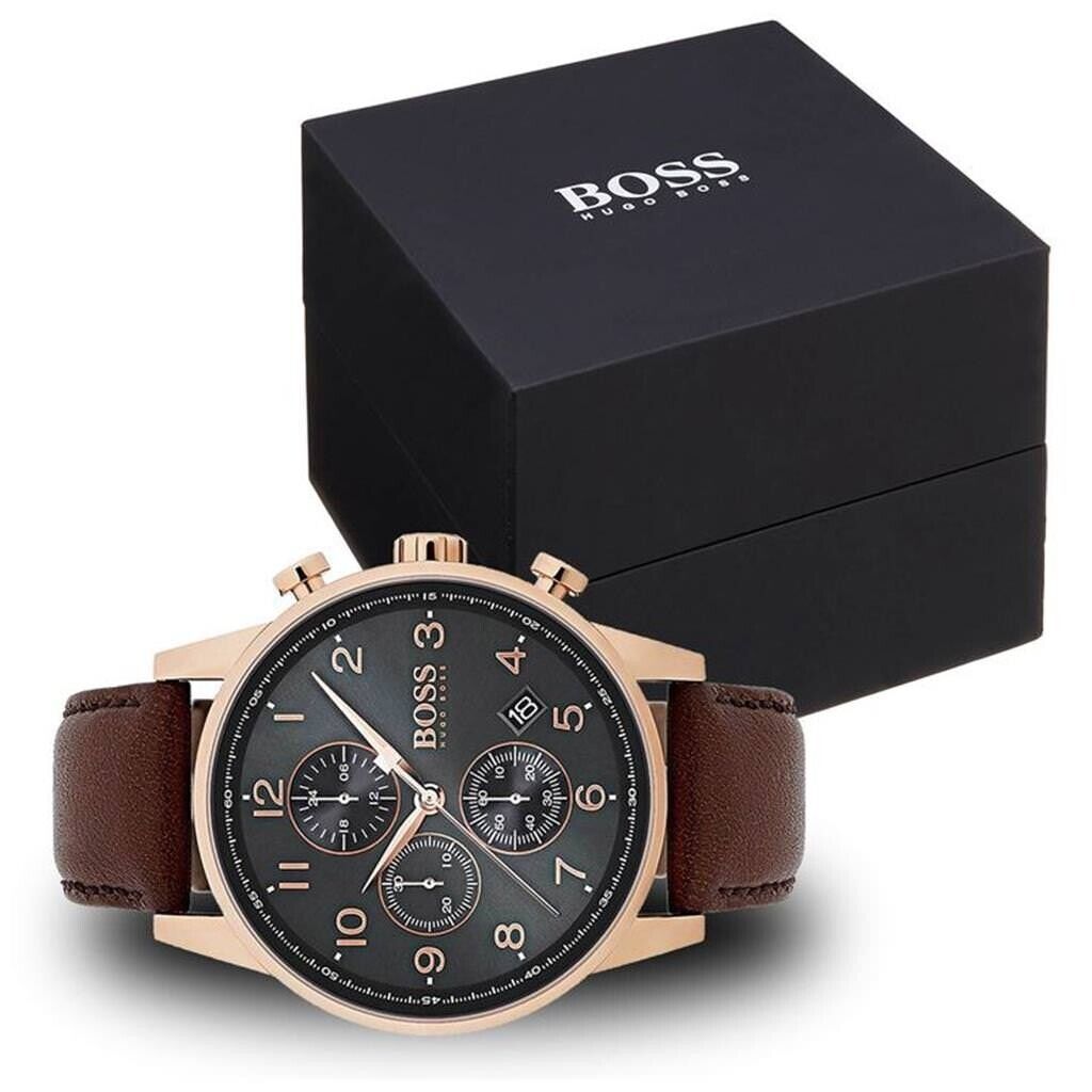 Hugo Boss Navigator Grey Dial Brown Leather Strap Watch for Men - 1513496