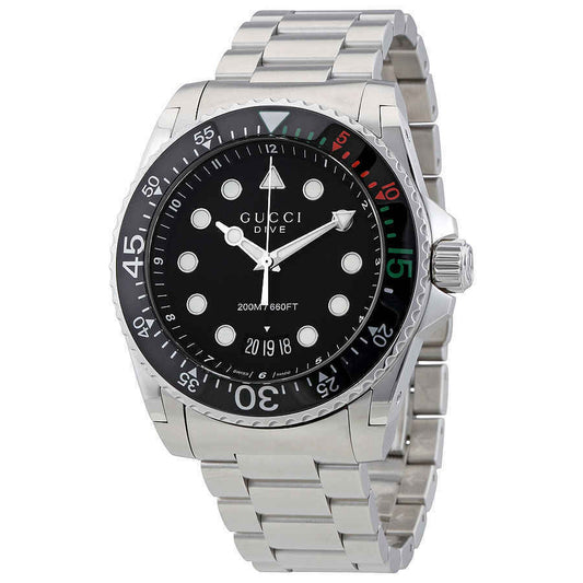 Gucci Dive Quartz Black Dial Silver Steel Strap Watch For Men - YA136208