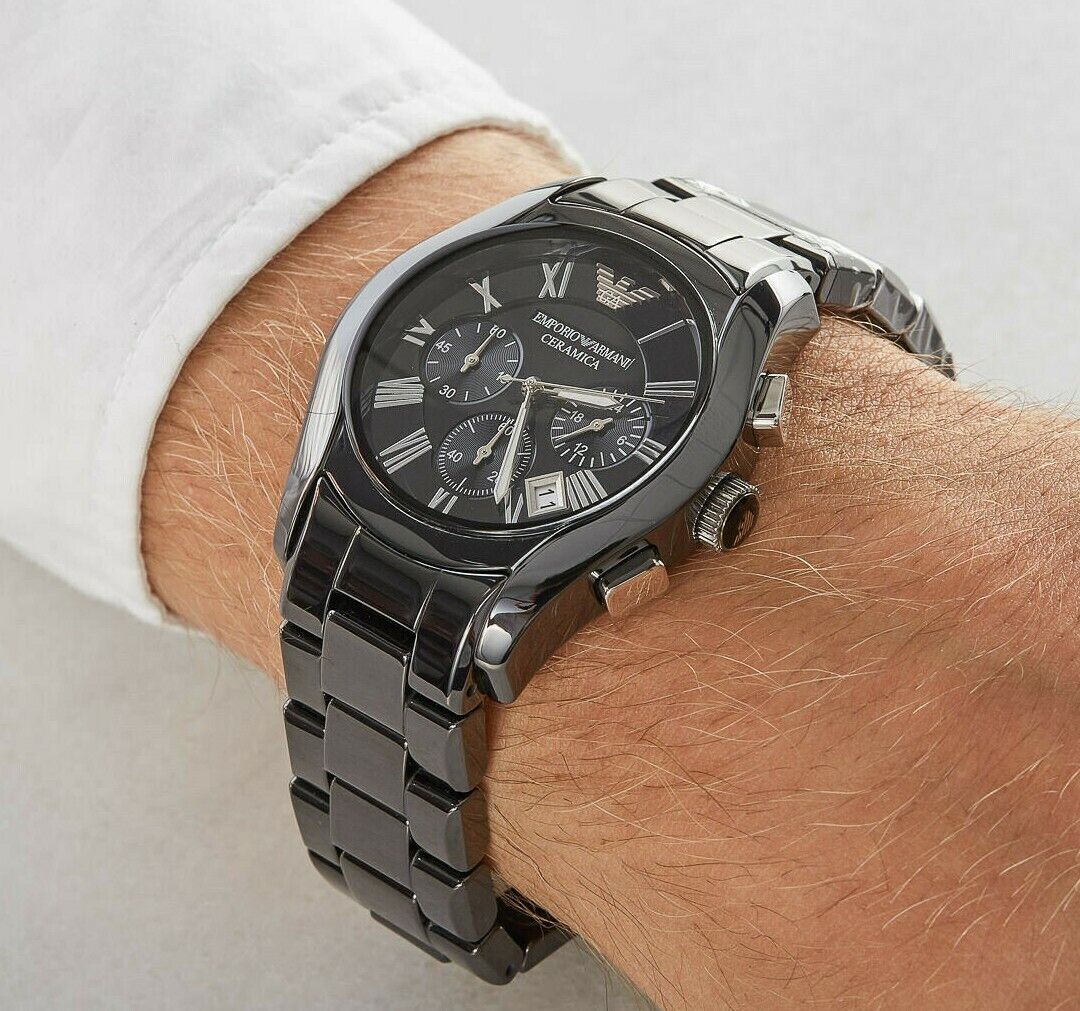Emporio Armani Valente Chronograph Ceramic Black Dial Black Steel Strap Watch For Men - AR1400