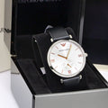 Emporio Armani Gianni T Bar Mother of Pearl Dial Black Leather Strap Watch For Women - AR90002