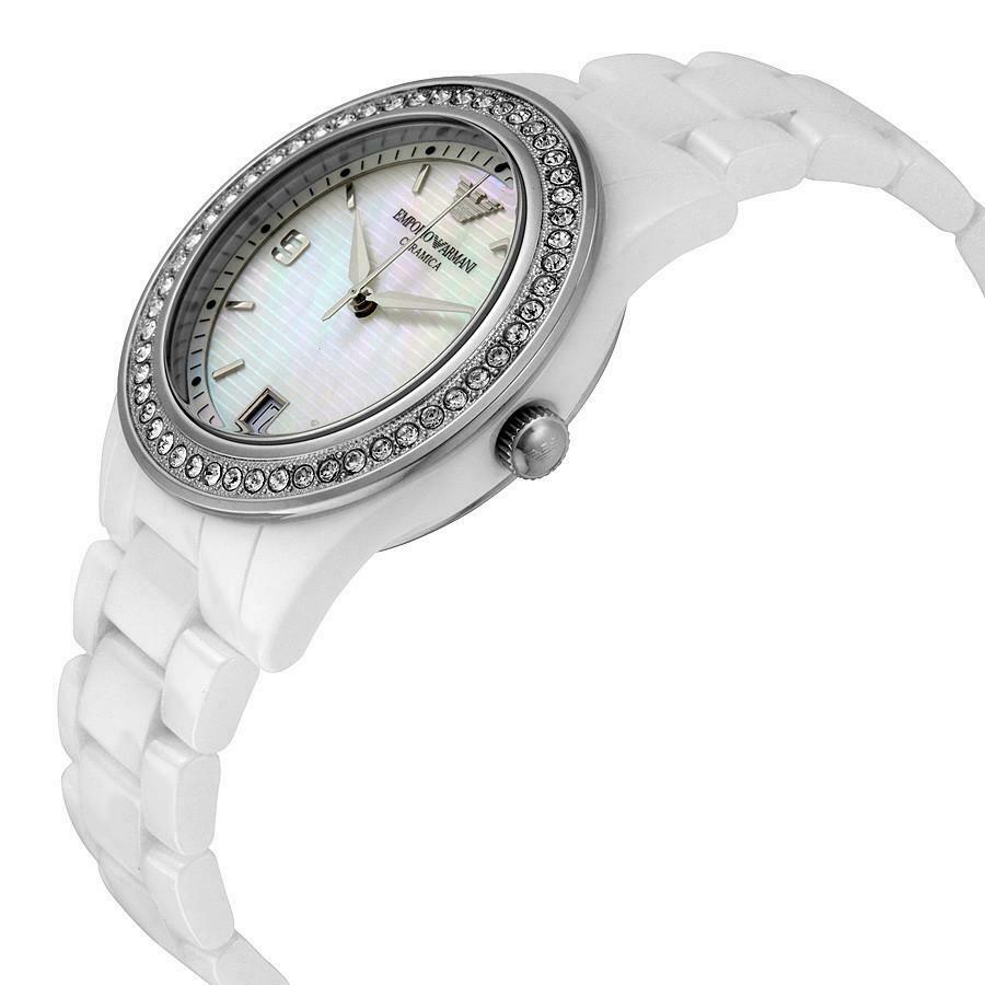 Emporio Armani Ceramica Mother of Pearl White Dial White Steel Strap Watch For Women - AR1426