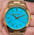 Michael Kors Slim Runway Blue Mother of Pearl Dial Gold Steel Strap Watch for Women - MK3492