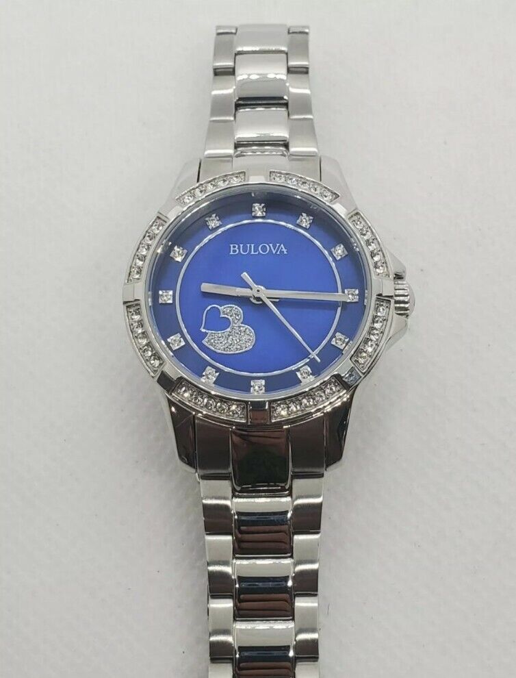 Bulova Crystal Collection Mother of Pearl Blue Dial Silver Steel Strap Watch for Women - 96L238