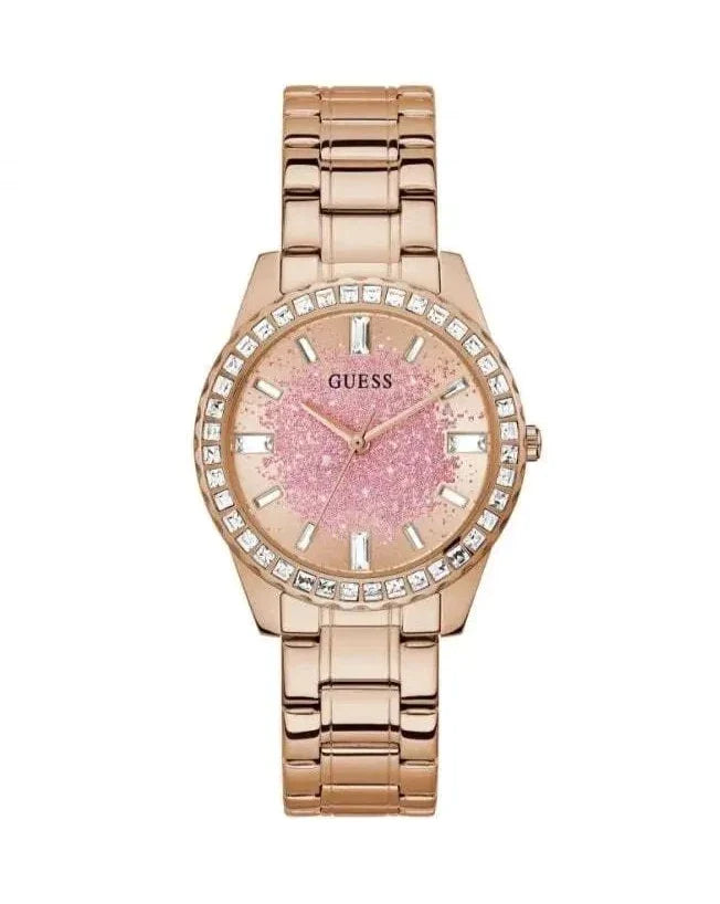 Guess Glitter Diamonds Pink Dial Rose Gold Steel Strap Watch for Women - GW0405L3